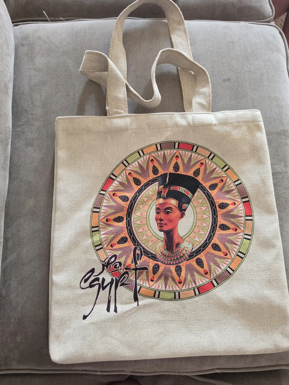 Beige Canvas Tote Bag with Colorful Egyptian Artwork